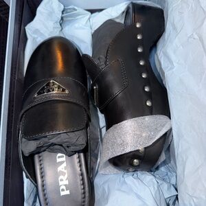 Prada Black Leather Loafers with Silver Studs